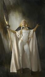 Rule 34 | 1girl, blonde hair, breasts, brown footwear, concept art, contrapposto, facing viewer, full body, gloves, grey eyes, hair tubes, hairband, hands up, highres, holding, holding staff, hunting era, jewelry, medium breasts, pants, robe, sangsoo jeong, simple background, solo, staff, standing, white hairband, white pants, white robe