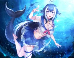Rule 34 | 1girl, :3, absurdres, ahoge, animal ears, arm tattoo, belt collar, bikini, bikini under clothes, black hair, blue bikini, blue collar, breasts, cetacean tail, chest tattoo, cleavage, collar, commentary, criss-cross halter, english commentary, facial tattoo, fangs, fins, fish tail, halterneck, heart, heart ahoge, highres, indie virtual youtuber, large breasts, leg tattoo, long hair, looking at viewer, multicolored hair, navel, necrom (973797hyun), open mouth, orca girl, purple eyes, school uniform, see-through, see-through shirt, serafuku, shirt, shylily, shylily (1st costume), streaked hair, swimsuit, tail, tattoo, thigh strap, underwater, virtual youtuber, white hair, white shirt