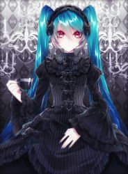 Rule 34 | 1055, 1girl, black bow, black dress, blue hair, blue nails, bow, closed mouth, collared dress, cup, dress, frilled dress, frills, gothic lolita, hair between eyes, hair bow, hatsune miku, highres, holding, holding cup, layered dress, lolita fashion, long dress, long hair, looking at viewer, nail polish, red eyes, solo, standing, striped clothes, striped dress, teacup, twintails, vertical-striped clothes, vertical-striped dress, very long hair, vocaloid