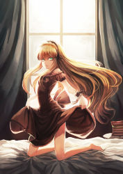 Rule 34 | 1girl, barefoot, bed sheet, blonde hair, book, bryanth, clothes lift, curtains, dress, dress lift, gosick, gothic lolita, green eyes, hairband, hat, highres, indoors, kneeling, lolita fashion, long hair, looking back, solo, very long hair, victorica de blois, window, wrist cuffs
