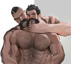 Rule 34 | 2boys, abs, alternate hairstyle, averting eyes, bara, beard, black hair, blush, braum (league of legends), chest hair, completely nude, facial hair, frown, graves (league of legends), hair slicked back, head grab, heads together, highres, implied crotch grab, large hands, large pectorals, league of legends, long mustache, male focus, mature male, multiple boys, muscular, muscular male, mustache, nipples, nude, pectorals, short hair, sociopotato1, stomach, thick eyebrows, thick mustache, two-tone background, upper body