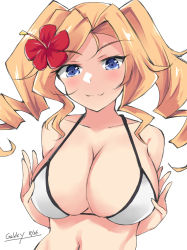 Rule 34 | 1girl, artist name, bare arms, bare shoulders, bikini, blonde hair, blue eyes, blush, breasts, cleavage, closed mouth, collarbone, dated, drill hair, flower, gakky, hair flower, hair ornament, hibiscus, honolulu (kancolle), kantai collection, large breasts, long hair, navel, one-hour drawing challenge, red flower, signature, simple background, solo, swimsuit, twin drills, twintails, upper body, white background, white bikini