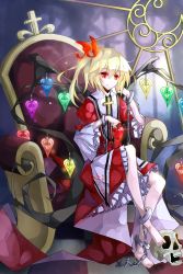 Rule 34 | 1girl, alternate costume, alternate wings, ankle cuffs, apple, barefoot, blonde hair, butterfly wings, chain, chair, cross, cuffs, female focus, flandre scarlet, food, fruit, hair ornament, hand on own face, handcuffs, head rest, heart, highres, insect wings, mewkoala, no headwear, red eyes, shackles, sitting, skull, solo, touhou, wings