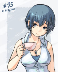 Rule 34 | 1girl, 2012, atlus, between breasts, blue eyes, blue hair, breasts, casual, cleavage, cup, dated, holding, jewelry, junkpuyo, large breasts, light smile, matching hair/eyes, necklace, persona, persona 4, persona 4 the golden, ring, shirogane naoto, short hair, simple background, smile, solo, teacup
