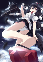Rule 34 | 1girl, absurdres, ass, black hair, black wings, blush, camera, crescent moon, feathers, feet, from below, geta, hat, highres, iwashi (nisankatanso), looking at viewer, miniskirt, moon, open mouth, panties, pantyshot, pom pom (clothes), puffy sleeves, reconnaissance aircraft, red eyes, shameimaru aya, shirt, short hair, short sleeves, skirt, smile, soles, solo, sr-71, sr-71 blackbird, stealth, stealth aircraft, string, tokin hat, touhou, underwear, white panties, wings