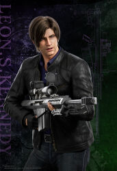 Rule 34 | 1boy, anti-materiel rifle, barrett m82, belt, black gloves, black jacket, blue jeans, blue shirt, brown eyes, brown hair, capcom, collaboration, crossover, denim, facial hair, fingerless gloves, gloves, gun, jacket, jeans, leon s. kennedy, little armory, male focus, muzzle device, official art, open clothes, open jacket, pants, quebico, resident evil, resident evil: infinite darkness, rifle, scope, shirt, sight (weapon), sniper rifle, telescopic sight, tms entertainment, tomytec, weapon