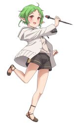 Rule 34 | 1girl, absurdres, ahoge, black shorts, brown footwear, elf, full body, green hair, highres, holding, holding wand, hood, hooded jacket, jacket, mushoku tensei, open mouth, orange eyes, pointy ears, shirt, short hair, shorts, simple background, solo, standing, standing on one leg, syagare, sylphiette (mushoku tensei), wand, white background, white jacket, white shirt