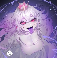 Rule 34 | 1girl, :p, absurdres, bad id, bad twitter id, black sclera, breasts, cleavage, colored sclera, covered erect nipples, crown, dress, fangs, genderswap, genderswap (mtf), hair between eyes, highres, humanization, king boo, large breasts, long dress, long hair, looking at viewer, luigi&#039;s mansion, mario (series), nintendo, ohisashiburi, pale skin, princess king boo, red eyes, saliva, signature, silver hair, sketch, smile, solo, super crown, tongue, tongue out, white dress
