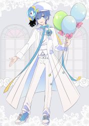 Rule 34 | 1boy, anniversary, ball, balloon, belt, bicorne, blue eyes, blue hair, bow, bowtie, coat, commentary, floral background, flower, flower brooch, full body, hat, hat flower, highres, holding, holding ball, kaito (vocaloid), looking to the side, male focus, open clothes, open shirt, pants, pink bow, rose, shirt, shoes, smile, sneakers, standing, vocaloid, white coat, white flower, white headwear, white pants, white shirt, window, yoshiki