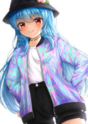 Rule 34 | 1girl, black hat, black shorts, blue hair, blush, cardigan, closed mouth, cowboy shot, dutch angle, hair between eyes, hands on own hips, hat, highres, hinanawi tenshi, long hair, looking at viewer, open cardigan, open clothes, pink cardigan, red eyes, reijing etrn, shirt, short shorts, shorts, simple background, smile, solo, standing, straight hair, thigh gap, touhou, unzipped, very long hair, white background, white shirt
