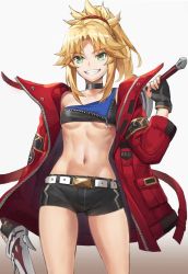 Rule 34 | 1girl, alternate costume, belt, black choker, black gloves, black legwear, black shorts, blonde hair, braid, breasts, choker, collarbone, commentary request, dual wielding, fate/apocrypha, fate/grand order, fate (series), fingerless gloves, gloves, green eyes, grin, hair ornament, hair scrunchie, highres, holding, holding sword, holding weapon, jacket, long hair, long sleeves, looking at viewer, mordred (fate), mordred (fate/apocrypha), navel, open clothes, open jacket, ponytail, red jacket, red scrunchie, scrunchie, shirt, short shorts, shorts, single-shoulder shirt, small breasts, smile, solo, sword, tonee, torn clothes, torn legwear, weapon, white belt