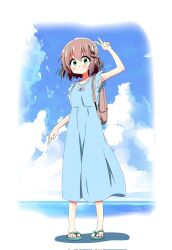 Rule 34 | 1girl, armpits, backpack, bag, blush, bow, cloud, collarbone, day, dot nose, dress, female focus, flip-flops, full body, green eyes, grey hair, hair ornament, hairclip, highres, looking at viewer, medium hair, outdoors, sandals, sky, solo, sqz306, standing, v, water, yama no susume, yukimura aoi