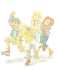 Rule 34 | 10s, 1girl, 3boys, adou, age difference, bad id, bad pixiv id, barnaby brooks jr., blonde hair, boots, brown eyes, brown hair, child, closed eyes, father and daughter, green eyes, grey hair, highres, hood, hoodie, jacket, kaburagi kaede, kaburagi t. kotetsu, multiple boys, necktie, pale color, shirt, shoes, short hair, shorts, sneakers, t-shirt, tiger &amp; bunny, time paradox, vest, white background, aged down, yuri petrov
