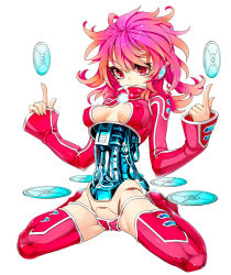 Rule 34 | 1girl, android, bad id, bad pixiv id, breasts, cd, center opening, cleavage, covered erect nipples, floating, headphones, joints, long sleeves, mouth hold, panties, pink eyes, pink hair, robot joints, sleeves past wrists, solo, spread legs, thighhighs, turtleneck, underwear, wavy hair, zakki