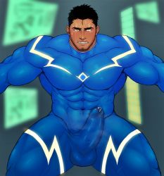 Rule 34 | 1boy, abs, bara, blush, bugle, erection, facial hair, instrument, male focus, muscular, original, pectorals, penis, restrained, solo, toto (artist)