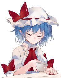 Rule 34 | 1girl, ascot, blue hair, blush, bow, brooch, closed eyes, commentary request, cup, dress, hat, hat bow, highres, holding, holding cup, ikurauni, jewelry, mob cap, nail polish, pointy ears, puffy short sleeves, puffy sleeves, red ascot, red bow, red nails, remilia scarlet, short hair, short sleeves, simple background, solo, teacup, tears, touhou, upper body, white background, white dress, white hat