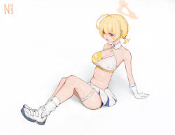 Rule 34 | 1girl, ahoge, blonde hair, blue archive, blush, braid, breasts, cheerleader, cleavage, halo, highres, kotori (blue archive), kotori (cheer squad) (blue archive), large breasts, millennium cheerleader outfit (blue archive), navel, numb3r 3, official alternate costume, open mouth, red eyes, short twintails, skirt, solo, stomach, sweat, twintails, white skirt