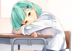 Rule 34 | 10s, 1girl, alternate hair length, alternate hairstyle, aqua hair, blouse, bra, byte (allbyte), chair, closed mouth, commentary request, desk, eyebrows, hair ornament, hairclip, highres, kantai collection, long sleeves, looking at viewer, pink bra, school desk, see-through, shirt, short hair, solo, suzuya (kancolle), underwear, white shirt, yellow eyes