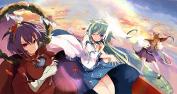 Rule 34 | 3girls, ;), autumn leaves, bare shoulders, blonde hair, blue skirt, breasts, brown hairband, brown headwear, brown skirt, closed mouth, collar, collared shirt, crossed arms, detached sleeves, dress, eyelashes, frog hair ornament, from behind, full body, gohei, green hair, hair between eyes, hair ornament, hair tubes, hairband, hand up, hat, highres, holding, holding stick, jewelry, kochiya sanae, large breasts, leaf, leaf hair ornament, long skirt, long sleeves, looking at viewer, looking back, looking to the side, medium breasts, medium hair, mishaguji, moriya suwako, multiple girls, nontraditional miko, one eye closed, purple dress, purple hair, purple skirt, pyonta, red eyes, red shirt, red skirt, ring, rope, shimenawa, shirt, short hair, skirt, sleeveless, sleeveless shirt, smile, snake hair ornament, standing, stick, tetsurou (fe+), touhou, touhou calamity, upper body, wavy hair, white shirt, wide sleeves, yasaka kanako, yellow eyes