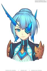 Rule 34 | 1girl, armor, blue eyes, blue hair, closed mouth, commentary, eyepatch, gofelem, horns, looking at viewer, one eye covered, pauldrons, short hair, shoulder armor, simple background, single horn, solo, theory (xenoblade), white background, xenoblade chronicles (series), xenoblade chronicles 2