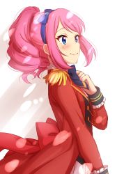 Rule 34 | 10s, 1girl, aikatsu! (series), aikatsu stars!, blue bow, blue bowtie, blue eyes, blush, bow, bowtie, closed mouth, commentary request, epaulettes, from side, hair bow, hairband, hand up, highres, jacket, lens flare, long sleeves, pink hair, ponytail, red jacket, sakuraba rola, sekina, smile, solo, standing