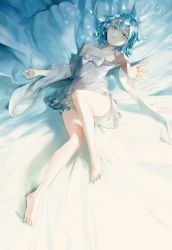 Rule 34 | absurdres, androgynous, barefoot, bed sheet, blue eyes, blue hair, diamond (houseki no kuni), dress, foreshortening, gender request, highres, houseki no kuni, leiq, looking at viewer, lying, on back, outstretched arm, outstretched hand, short hair, solo, white dress, wide sleeves