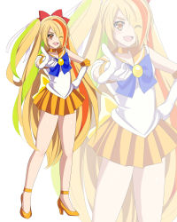 Rule 34 | 10s, 1girl, bishoujo senshi sailor moon, commentary request, cosplay, eyes visible through hair, full body, hand on own hip, highres, long hair, nikaidou saki, pirochi, sailor venus, sailor venus (cosplay), simple background, solo, very long hair, white background, zombie land saga