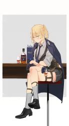 Rule 34 | 1girl, absurdres, alcohol, bar stool, belt, black footwear, black gloves, black jacket, black skirt, blonde hair, blue necktie, blunt bangs, blush, border, bottle, box, braid, breasts, buttons, collared shirt, commentary, commentary request, corset, crossed arms, crossed legs, crown braid, cup, dress shoes, drinking glass, english commentary, formal, from side, full body, garter straps, girls&#039; frontline, gloves, green eyes, highres, holding, holding cup, huqu, jacket, jacket on shoulders, legwear garter, looking at viewer, military, military jacket, military uniform, miniskirt, necktie, pinstripe pattern, pinstripe vest, product placement, shirt, short hair, sidelocks, simple background, skirt, sleeves rolled up, socks, solo, stool, striped clothes, striped skirt, striped vest, twintails, uniform, vertical-striped clothes, vertical-striped skirt, vertical-striped vest, vest, welrod mkii (girls&#039; frontline), whiskey, white border, white shirt