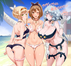 Rule 34 | 3girls, ass, atelier (series), atelier ryza, atelier ryza 1, back, bad anatomy, bare shoulders, beach, bikini, black bikini, blonde hair, blue eyes, blush, bow, braid, breasts, brown bow, brown eyes, brown hair, butt crack, choker, cleavage, closed mouth, darkmaya, day, fang, fingernails, from behind, fur, green eyes, hair bow, hair ornament, hair over one eye, hair ribbon, hair tubes, hairband, hairclip, halterneck, huge breasts, jewelry, klaudia valentz, large breasts, leaning, leaning forward, lila decyrus, long hair, looking at viewer, looking back, medium breasts, multiple girls, nail polish, navel, necklace, o-ring, o-ring bottom, one eye closed, open mouth, palm tree, parted lips, red bow, reisalin stout, ribbon, sand, sharp fingernails, shiny skin, shore, short hair, short hair with long locks, sideboob, silver hair, single braid, sky, smile, star (symbol), star necklace, strapless, strapless bikini, swimsuit, thigh scrunchie, thigh strap, thighs, tree, water, white bow, wink