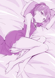 Rule 34 | 1girl, absurdres, barefoot, bed sheet, blush, bow, choker, closed mouth, commentary, dress, dress tug, fetal position, from above, frown, gegege no kitarou, hair bow, hair bun, half-closed eyes, highres, legs, long sleeves, looking at viewer, lying, monochrome, nekomusume, nekomusume (gegege no kitarou 6), on bed, on side, pillow, pinafore dress, pointy ears, purple theme, shiiba aki, shirt, short dress, short hair, single hair bun, sleeveless dress, slit pupils, solo