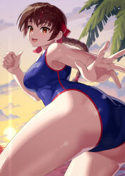 Rule 34 | 1girl, alternate costume, ass, blue one-piece swimsuit, braid, braided ponytail, breasts, brown eyes, brown hair, from behind, headband, highres, looking at viewer, low ponytail, medium breasts, one-piece swimsuit, open mouth, palm tree, ponytail, red headband, smile, snk, solo, sunset, swimsuit, the king of fighters, thumbs up, tree, yagi2013, yuri sakazaki