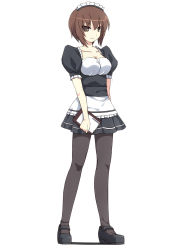 Rule 34 | 10s, 1girl, alternate costume, black dress, black footwear, black pantyhose, breasts, brown eyes, brown hair, clipboard, closed mouth, collarbone, dress, enmaided, frilled dress, frills, full body, girls und panzer, highres, holding, looking at viewer, maid, maid headdress, mary janes, matching hair/eyes, medium breasts, nishizumi maho, pantyhose, puffy short sleeves, puffy sleeves, shoes, short dress, short hair, short sleeves, simple background, solo, srwsrx (gp03dsrx), standing, underbust, white background
