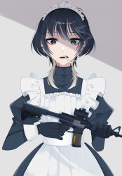 Rule 34 | 1girl, a (phrase), absurdres, apron, black dress, black gloves, black hair, cigarette, dress, ear piercing, earrings, frills, gloves, gun, high collar, highres, holding, holding weapon, jewelry, juliet sleeves, long sleeves, looking at viewer, maid, maid apron, maid headdress, medium hair, mole, mole under eye, multicolored hair, open mouth, original, piercing, puffy sleeves, rifle, shadow, sleeve cuffs, smoking, solo, stitches, streaked hair, two-tone hair, weapon, white hair
