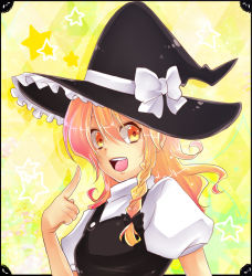 Rule 34 | 1girl, bad id, bad pixiv id, blonde hair, braid, female focus, hat, kirisame marisa, long hair, open mouth, overalls, pointing, pointing at self, short sleeves, single braid, smile, solo, touhou, utani (punishment), witch hat, yellow eyes