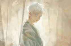 Rule 34 | 1boy, aged down, alfie (retroxknight), aura, blue eyes, child, closed mouth, commentary, english commentary, eyelashes, fog, forest, from side, gojou satoru, grey kimono, highres, japanese clothes, jujutsu kaisen, kimono, looking at viewer, looking to the side, male focus, nature, print kimono, short hair, solo, upper body, white hair