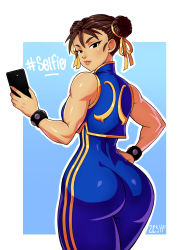 Rule 34 | 1girl, absurdres, ass, black eyes, blue background, blue pants, blue shirt, bracelet, breasts, brown hair, capcom, cellphone, chun-li, double bun, english text, from behind, hair bun, hair ribbon, hand on own hip, highres, holding, huge ass, jewelry, large breasts, looking at viewer, looking back, muscular, pants, parted lips, phone, ribbon, shirt, sleeveless, sleeveless shirt, smartphone, solo, standing, street fighter, street fighter zero (series), teeth, zeshgolden