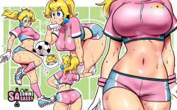 Rule 34 | 1girl, anger vein, ass, ball, blonde hair, blue eyes, breasts, hand on own hip, hand on own thigh, highres, large breasts, leaning forward, lipstick, makeup, mario (series), midriff, navel, nintendo, pink lips, ponytail, pout, princess peach, sasa tseng, shorts, soccer ball, soccer uniform, solo, sportswear, super mario strikers, sweat, thick thighs, thighhighs, thighs