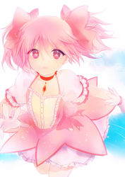 Rule 34 | 1girl, arm at side, blue background, choker, commentary, cowboy shot, cropped legs, crying, crying with eyes open, eyelashes, flat chest, floating hair, frilled skirt, frills, gloves, gradient background, hair between eyes, hair ribbon, hand up, kaname madoka, light particles, looking at viewer, lpip, mahou shoujo madoka magica, mahou shoujo madoka magica (anime), no nose, parted lips, pink eyes, pink ribbon, pink theme, puffy short sleeves, puffy sleeves, red choker, ribbon, ribbon choker, ripples, short sleeves, short twintails, sidelocks, simple background, skirt, solo, soul gem, tears, thighs, twintails, water, white background, white gloves, white skirt