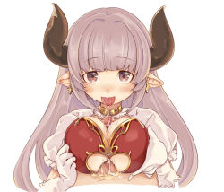 Rule 34 | 10s, 1boy, 1girl, alicia (granblue fantasy), breasts, brown eyes, censored, cow girl, cow horns, cum, cum on body, cum on breasts, cum on upper body, dress, earrings, gloves, granblue fantasy, hetero, horns, jewelry, large breasts, long hair, looking at viewer, paizuri, paizuri under clothes, penis, pointy ears, pov, rinkashline, silver hair, simple background, solo focus, tongue, tongue out, upper body, white background, white gloves