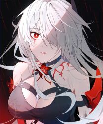 Rule 34 | 1girl, acheron (honkai: star rail), armor, bare shoulders, black choker, black shirt, blood, bloody tears, body markings, breasts, bright pupils, choker, cleavage, commentary, criss-cross halter, crop top, diamond-shaped pupils, diamond (shape), flower, hair ornament, hair over one eye, halterneck, highres, honkai: star rail, honkai (series), large breasts, looking at viewer, official alternate color, parted lips, poi po12, rain, raining blood, red eyes, red flower, shade, shirt, shoulder armor, solo, symbol-shaped pupils, upper body, white hair, white pupils