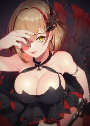 Rule 34 | 1girl, armband, azur lane, blonde hair, breasts, cleavage, collarbone, commentary request, cross, eyelashes, fingernails, frills, hair ornament, highres, holding, holding knife, iron cross, knife, large breasts, looking at viewer, maitei roppa, multicolored hair, nail polish, parted lips, red hair, red nails, roon (azur lane), roon (dark red grin) (azur lane), sharp fingernails, short hair, slit pupils, solo, streaked hair, thighs, weapon, yellow eyes