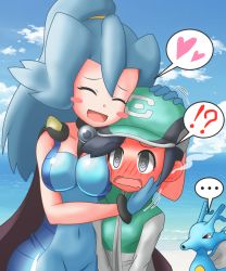 Rule 34 | !?, ..., 1boy, 1girl, @ @, ^ ^, age difference, bad id, bad pixiv id, baseball cap, black hair, blue hair, blue sky, blush, blush stickers, bodysuit, breasts, cape, clair (pokemon), closed eyes, cloud, commentary request, creatures (company), day, full-face blush, game freak, gen 2 pokemon, gym leader, hand on another&#039;s head, happy, hat, heart, highres, jealous, kingdra, nintendo, open mouth, pokemon, pokemon (creature), pokemon hgss, pokemon masters ex, ponytail, scottie (pokemon), size difference, sky, smile, spoken ellipsis, spoken heart, spoken interrobang, thought bubble, wavy mouth
