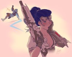 Rule 34 | 2girls, artist name, blue hair, breasts, brown eyes, chest harness, cleavage, english text, gloves, graffiti tracer, gun, hand on own cheek, hand on own face, harness, hood, hoodie, multiple girls, murasaki-yuri, overwatch, overwatch 1, ponytail, rifle, sniper rifle, talon widowmaker, tracer (overwatch), weapon, widowmaker (overwatch)