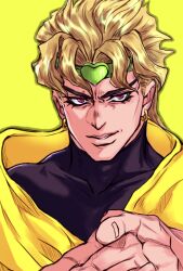 Rule 34 | 1boy, blonde hair, dio brando, earrings, headband, heart-shaped ornament, highres, jacket, jewelry, jojo no kimyou na bouken, male focus, red eyes, ruushii (lucy steel6969), simple background, solo, stardust crusaders, turtleneck, white background, yellow background, yellow jacket
