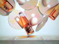 Rule 34 | acrylic paint (medium), bottle, cd, egg, fibe-mini, floating, floating object, glass bottle, highres, no humans, noske, painting (medium), shadow, simple background, still life, tablecloth, traditional media, white background