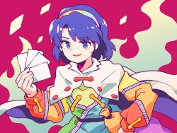 Rule 34 | 1girl, blue eyes, blue hair, card, hairband, highres, holding, holding card, multicolored clothes, multicolored hairband, open mouth, rainbow gradient, red button, short hair, smile, solo, tenkyuu chimata, touhou, wasabisuke, zipper