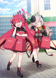 Rule 34 | 2girls, ahoge, bag, black footwear, black shirt, blue archive, boots, breasts, building, burger, cellphone, collared shirt, commentary request, cross-laced footwear, curled horns, food, grey hair, grey jacket, hair between eyes, hair ornament, hairclip, halo, harada (sansei rain), highres, holding, holding bag, holding food, holding phone, horns, izumi (blue archive), jacket, junko (blue archive), lace-up boots, long hair, low twintails, medium breasts, multiple girls, necktie, hugging object, outdoors, paper bag, phone, pleated skirt, purple eyes, red hair, red neckwear, red skirt, shirt, shopping bag, skirt, slit pupils, socks, twintails, very long hair, walking, white legwear, white shirt, window