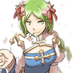 Rule 34 | 1girl, arch bishop (ragnarok online), blue dress, bow, braid, braided ponytail, breasts, cleavage cutout, closed mouth, clothing cutout, commentary request, cross, dress, flower, flower in mouth, green eyes, green hair, head wreath, juliet sleeves, long hair, long sleeves, looking at viewer, medium breasts, natsuya (kuttuki), petals, pink flower, puffy sleeves, ragnarok online, red bow, simple background, smile, solo, two-tone dress, upper body, white background, white dress