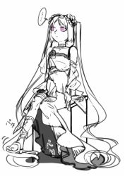Rule 34 | ..., 1girl, absurdly long hair, bare shoulders, commentary request, euryale (fate), fate/hollow ataraxia, fate (series), full body, greyscale, hairband, koimizu, lolita hairband, long hair, monochrome, purple eyes, sandals, shadow, sitting, sketch, solo, spoken ellipsis, spot color, twintails, very long hair, white background