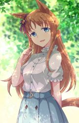 Rule 34 | 1girl, :d, animal ears, blue eyes, blue skirt, blush, breasts, brown hair, e20, grass wonder (umamusume), hand up, highres, horse ears, horse girl, horse tail, long hair, looking at viewer, open mouth, parted bangs, pleated skirt, puffy short sleeves, puffy sleeves, shade, shirt, short sleeves, skirt, small breasts, smile, solo, tail, umamusume, very long hair, white shirt